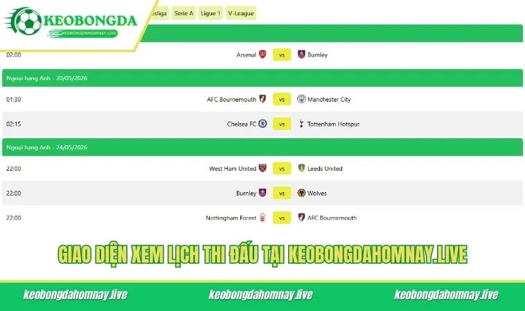 Giao diện xem lịch thi đấu tại keobongdahomnay.live