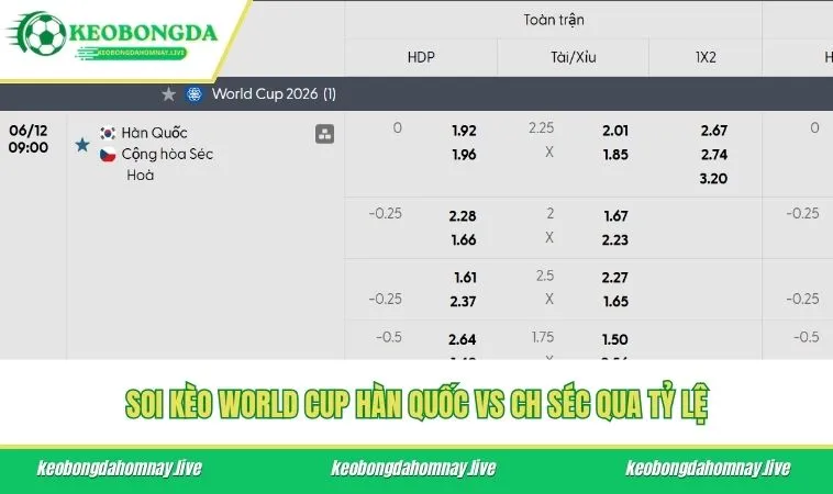 Soi kèo World Cup Hàn Quốc vs CH Séc qua tỷ lệ